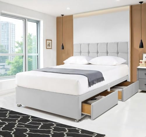 Luxurious Silver Plush Divan Small Double Bed Frame with Storage 2 Spacious Drawers | Elegant Small Double Bed with Stylish 20 Cube Headboard & 10” Spring Memory Foam Mattress