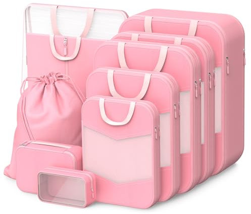 QiYiCAT 10-teilige Packing Cubes Compression Set, Kompressions-Aufbewahrungsset inkl.Wäschesack/Schuhbeutel/Unterwäschebeutel/Kordelzugbeutel/transparenter Kulturbeutel (Rosa Kompression 10 Pcs)
