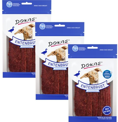 Dokas Hundesnack Entenbrust getrocknet 3 x 70g | 100 % Entenbrustfilet | Schonend luftgetrocknet & fettarm | Hypoallergen, getreidefrei | Ergänzungsfutter für Hunde