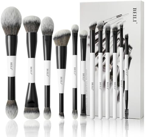 BEILI Lot de 12 pinceaux de maquillage professionnels 18 en 12 avec deux extrémités pour poudre, fond de teint, correcteur, sourcils, fard à paupières, contour, eyeliner, pinceau estompeur