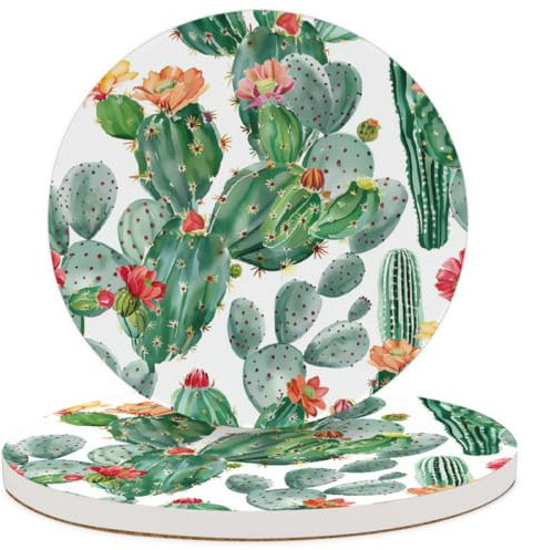 Set di 2 sottobicchieri in ceramica con cactus tropicali, cactus succulenti, fiori del deserto, piante verdi, sottobicchieri, assorbenti, adatti per la decorazione della casa, bar, cucina, feste, 10,2