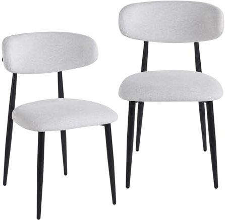 2er Set Esszimmerstühle Japandi: Moderne Polsterstühle mit Gewebtem Leinenbezug - Ergonomische Rückenlehne Schwarze Metallbeine - Bequeme Küchenstühle für Esszimmer Wohnzimmer Büro (Weiß, 2er)