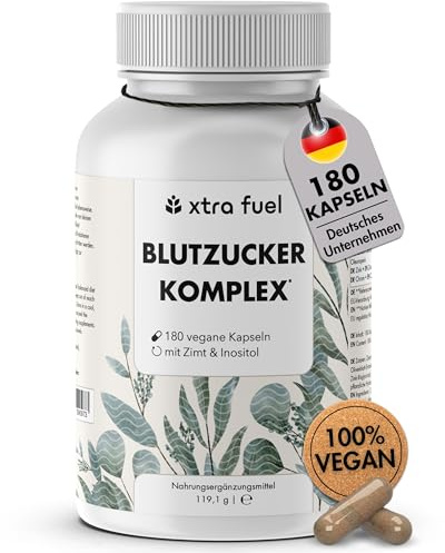 Blutzucker Komplex - 180 Kapseln hochdosiert - mit Chrom, Ceylon-Zimt, Myo-Inositol, Olivenblatt und Zink - zur Unterstützung des Blutzuckerspiegels - vegan & laborgeprüft