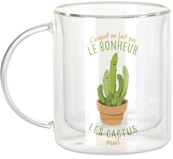 Fabulous Mug Verre Double Paroi - Cactus - L'argent ne Fait Pas le Bonheur Plante Végétal Tasse a Cafe et The Isotherme 330ml Effet Suspendu Anti-Brulure Imprime en France