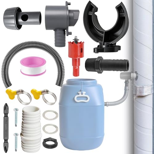 Set di connettori per serbatoio dell'acqua piovana, per tubi di scarico da 70 – 110 mm, con tubo da 1 m, punte per corona da 45 mm e accessori di montaggio, per tetti fino a 80 M²