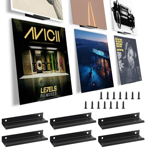 Yeria 6 Pack Vinyl Wall Mount Shelf, Record Wall Mount, Vinyl Shelf, Record Display, Aluminium Floating Rack, Black