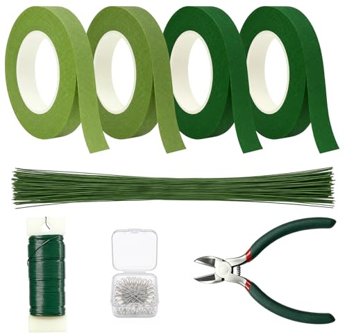 100 Tallos de Alambre para Flores Artificiales, Alambre de Paleta | 4 Rollos Cinta de Floristería Verde, Kit de Arreglo Floral con Cortador y Alfileres, para Manualidades y Ramos