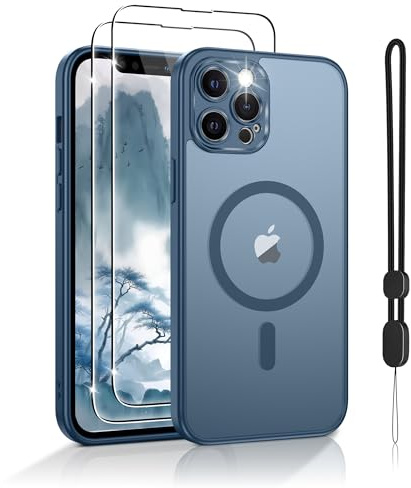 Jshru Magnetic for iPhone 12 Pro Max Case,Compatible with Magsafe,with Lanyard and HD Screen Protectors,[Durable & Sturdy] Slim Translucent Protective Cover,iPhone 12 Pro Max 6.7''-Royal Blue