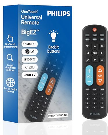 Philips BigEZ OneTouch Big Button telecomando TV universale per anziani, facile da usare, telecomando di ricambio per Samsung, LG, Sony, Vizio, Roku TV, pulsanti retroilluminati, 2 dispositivi, nero