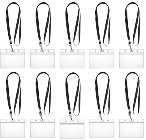 10x Lanyards Schlüsselbänder 1 cm breit mit 10x Ausweishüllen ZIP Kartenhalter flexibel & wasserdicht horizontal/vertikal für 1-2 Ausweise Karten Schutzhülle für Ausweise (10x Schwarz Horizontal)