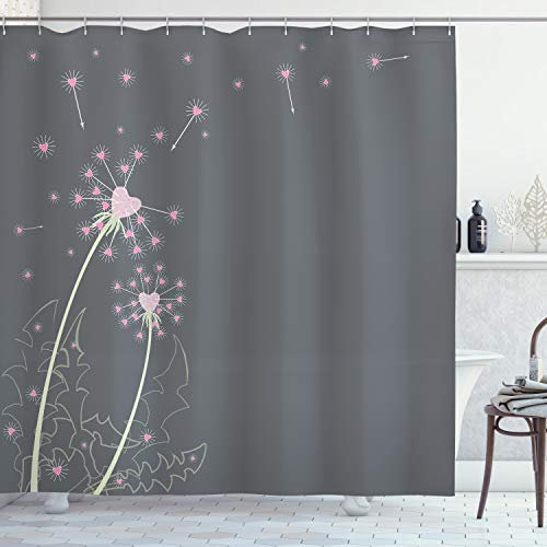 ABAKUHAUS Rose et Gris Rideau de Douche, Coeurs Pastel Amour, Tissu Ensemble de Décor de Salle de Bain avec Crochets, 175 cm x 180 cm, Rose Gris Vert pâle