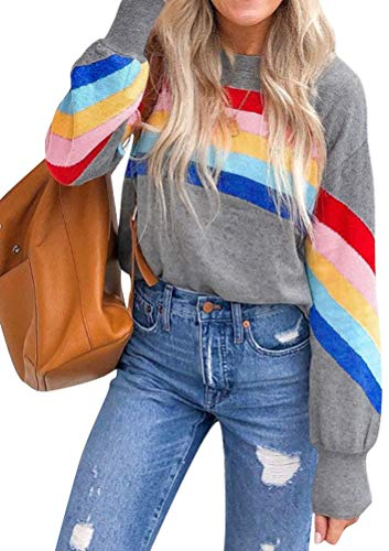 Dresswel Damen Regenbogen Sweatshirt Gestreift Pullover Pulli Jumper Farbblock Langarmshirt Bluse Elegant Oberteile (Grau, L)