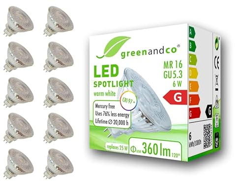 greenandco 10x CRI 97+ MR16 GU5.3 LED Spot | 6W 360 lm | 2700K warmweiß | 110° | 12V AC/DC | nicht dimmbar