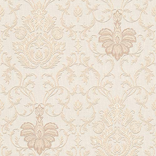 Barock Tapete in Crème Rosa | Romantische Schlafzimmer Tapete mit Ornament in Hellrosa | Glitzer Papiertapete mit Vinyl im Vintage Stil