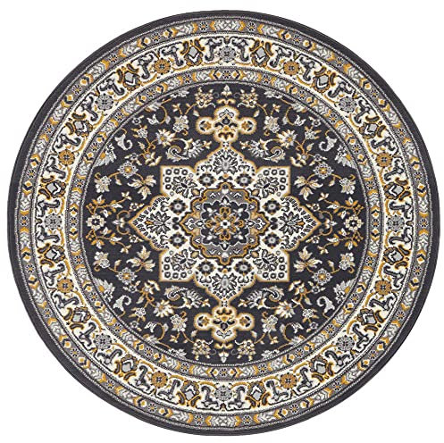 Nouristan Mirkan Orient Teppich Rund – Wohnzimmerteppich Orientalisch Kurzflor Vintage Orientalischer Teppich für Esszimmer, Wohnzimmer, Schlafzimmer – Dunkelgrau, 160cm