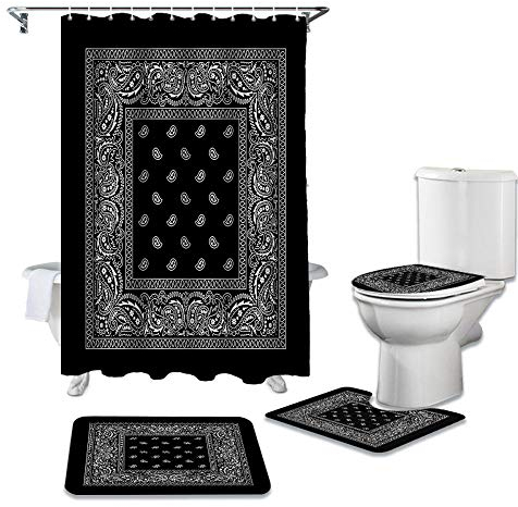 ZGDPBYF 4-Teiliges Set Badezimmer-Duschvorhang- Und Teppich-Sets Schwarz-Weiß-Mandala Bandana-Muster Toilettendeckelabdeckung Badematte wasserdichte Duschvorhänge Set-4-Stück_Set