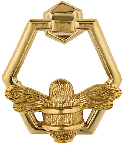 Gold Bee Door Knocker for Front Door | Polished Solid Brass Honeycomb | Brass Knockers with Strike Plate | UPVC | Bumblebee Front Door Furniture with a Unique Design