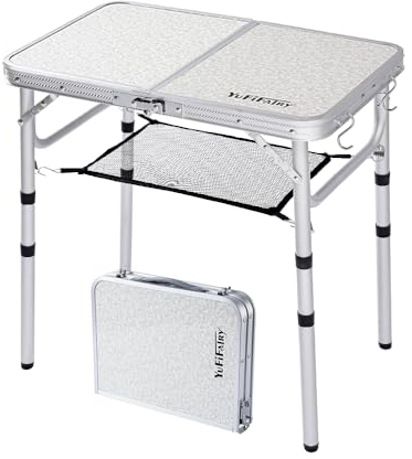 YUFIFAIRY Kleiner faltbarer Campingtisch mit Netzschicht, 3 Höhen, 6.1 m, leichter tragbarer Klapptisch aus Aluminium mit verstellbaren Beinen, Camping und Outdoor-Kochen, Picknick