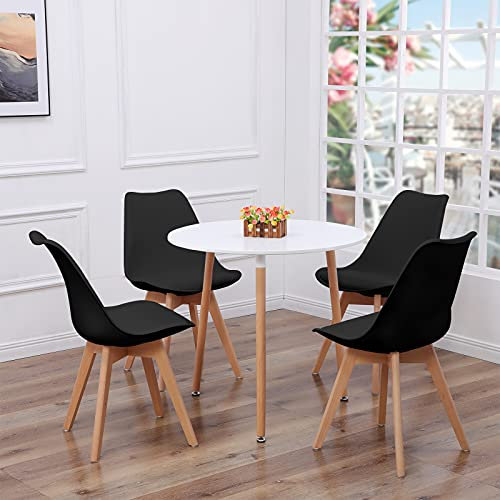 EGGREE Set Tisch und 4 Stühle, skandinavisch, Esstisch, rund, aus Holz, für 4 Personen, mit Stühlen aus Kunststoff – Weiß + Schwarz