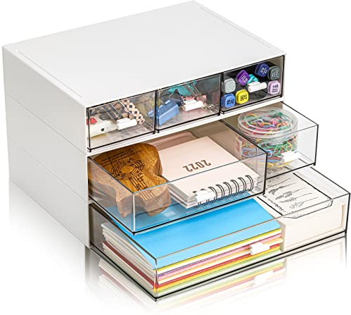 Lyellfe 3 Tier Desk Organizer with Drawer, Stackable Desktop Storage Box, Clear Plastic Office Supplies Jewelry Storage Case, Makeup and Stationary Organizer for Cosmetic, School Supply