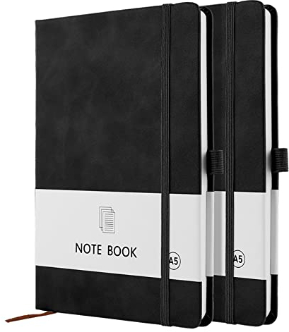 A5 Notebook, 2 Pack Notebook A5 200 Pages 100 GSM Journal Notebook Hardback Notepad with Bookmark, Pen Loop, and Elastic Closure (Black+Black)