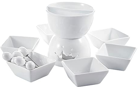 Sudemota Teller Mini-Schokoladenfondue-Set Teelicht-Käsefondue aus zweilagigem Porzellan mit Dipschälchen und Gabeln for 6 Neu