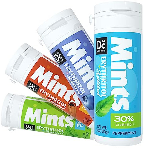 DC24 DAILY CARE Mint, 4 Dispenser mit je 30 Mints-Pastillen, Xylit Erythrit Bonbons, Menthol, Frucht und Zimt Menthol Geschmack, kein Aspartam Zuckerfrei & Vegan, Bonbons für frischen Atem