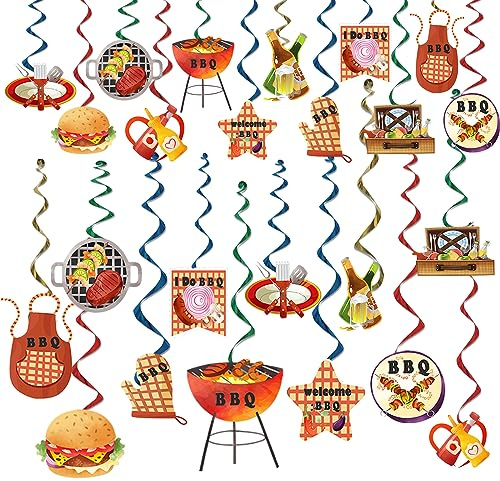 48pcs BBQ Hanging Swirls For Backyard Summer Picnic Party | Double-Sided Burger Grill Hanging Party Decorations, BBQ Hanging Spiral Streamers Picnic Party Supplies Carnival Decorations