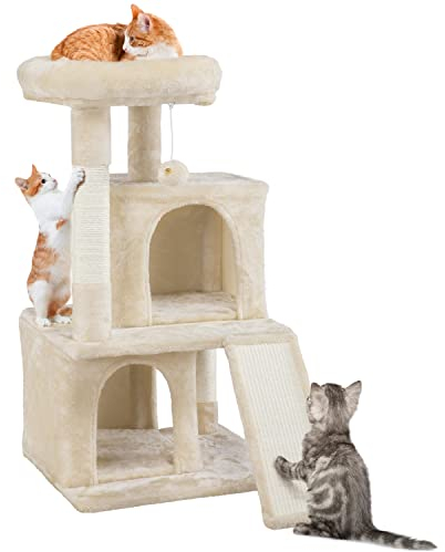 Yaheetech 3 Niveles Árbol Rascador para Gatos 49x45,5x92 cm Actividades para Gatos con Casas para Gato Plataforma y Poste Tablero para Rascar Beige