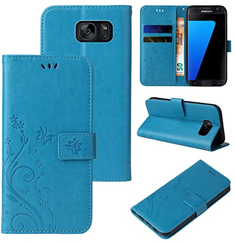 LBH Handy Hülle für Samsung Galaxy S7 Case Handytasche Schmetterling Blumen Flower Standfunktion Schutzhülle Magnet Rundum Schutz 360 Grad Flipcase Cover Blau