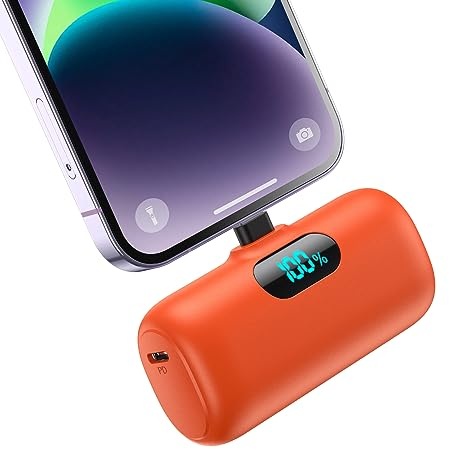 Feob 5000mAh Mini Power Bank for iPhone, Upgraded 15W PD Fast Charging Portable Charger, LCD Display 3.0A Small Battery Pack Compatible with iPhone 14/14 Pro Max/13/13 Pro Max/12/11/XR, etc -Orange