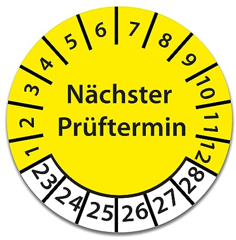 Prüfplakette DGUV V3 Nächster Prüftermin E-Check Elektro - 2023-2028 - Wasserfest/UV-Schutz - 30mm Plakette für Tritte Leitern Feuerlöscher Maschinen (Nächster Prüftermin - Gelb, 100 Stk.)