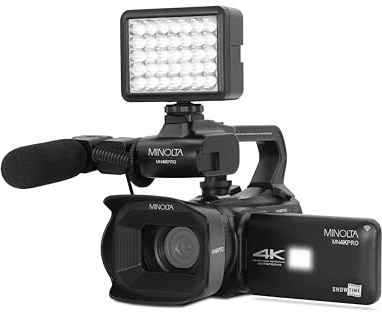 Minolta 64MP Autofocus Video Camera with Microphone & Video Light, 4 Touchscreen, 4K Ultra HD Video, 18x Digital Zoom, WiFi, Stabilizer, 32GB Card, 3100mAh Battery, Carrying Bag (Black)