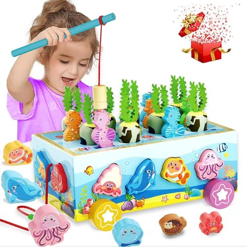 Montessori Spielzeug ab 1 2 3 Jahre Kinder Steckspiel Holzspielzeug ab 1 Jahr Lernspielzeug Motorikspielzeug Magnetisches Angelspiel ab 2 3 4 5 6 Jahre Geschenk 1 2 3 4 5 6 Jahre Mädchen Junge