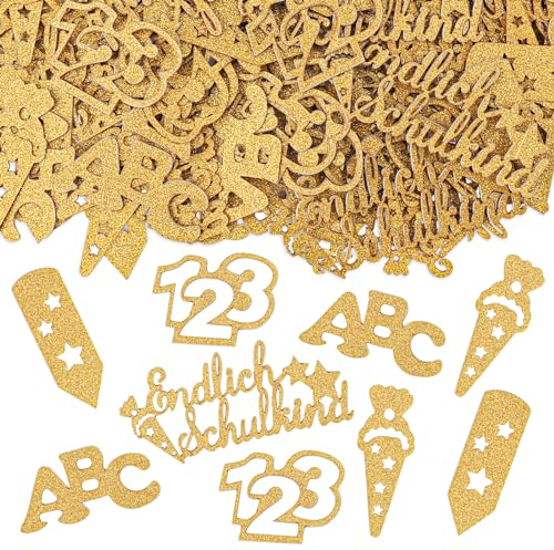 GoldRock Streudeko Einschulung Deko Konfetti Groß, 100 Stk Deko Einschulung Junge Mädchen, Tischdeko Einschulung Gold, Zuckertüte Schultüte 123 Schulanfang Deko, Abc Konfetti Schuleinführung Geschenke