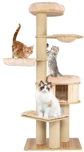 COSTWAY Large Cat Tree, Multi-Level Cat Climbing Tower with Sisal Posts, Wooden Condo, Top Perch, Hanging Hammocks and Basket, Kitten Activity Center for Indoor Cats