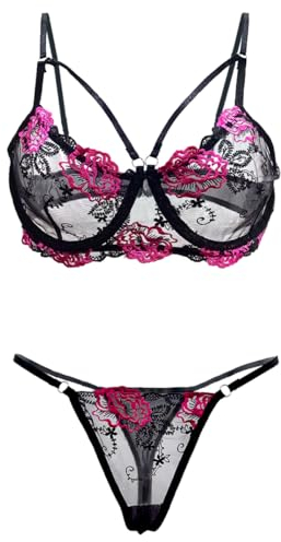 Satohom Damen Sexy Zweiteiliges Bügel Dessous Set Rose Bestickte Bralette Tanga Unterwäsche, Frauen Translucent Tiefer Ausschnitt Lingerie Babydoll Push Up Spitze BH und Slip Reizwäsche