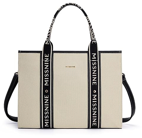 Missnine Tragetasche Canvas-Laptoptasche 15,6 Zoll Handtasche Damen Aktentasche für Damen große Kapazität Handtasche für Büro Schule Reisen Schwarz Beige