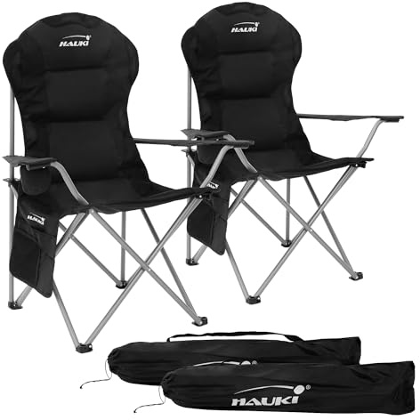 Hauki - Chaise de Camping Pliable Extra Large, Noir, avec Porte-Boisson, Sac de Transport, jusqu'à 150kg, Chaise Longue Rembourrée, Dossier Haut, Pour Extérieur