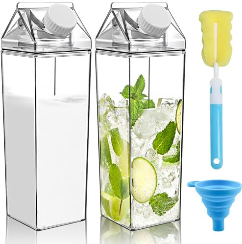 CoKeeSun 2Pcs Milk Carton Water Bottle, 500ml Clear Juice Bottles, Transparent Square Milk Bottles, Reusable Milk Carton Container for Water Juice Tea Coffee, for Camping Panic Outdoor Sports Travel