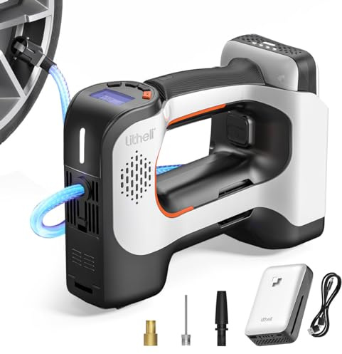 Litheli Elektrische Luftpumpe, Tragbare Akku Luftpumpe mit 10000mAh Akku Digitalanzeige und LED Akku Kompressor, für Autos Motorräder Fahrräder Bälle