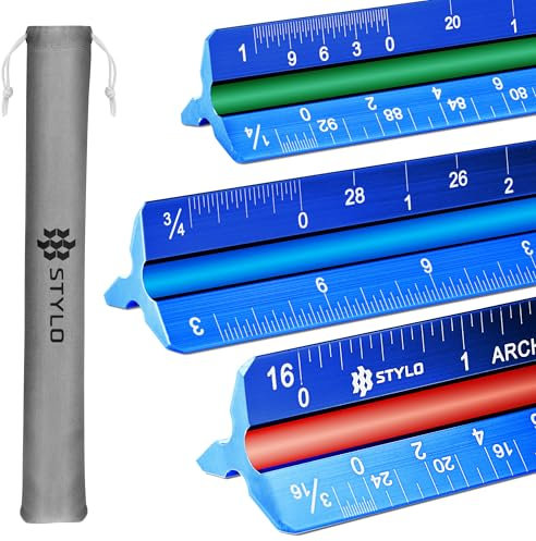 Stylo Architekten-Maßstabslineal aus Aluminium, 30,5 cm, lasergeätztes dreieckiges Zeichenlineal mit Farbe – imperiales architektonisches Maßstabslineal für Blaupausen (Blau, Imperiale Einheiten)