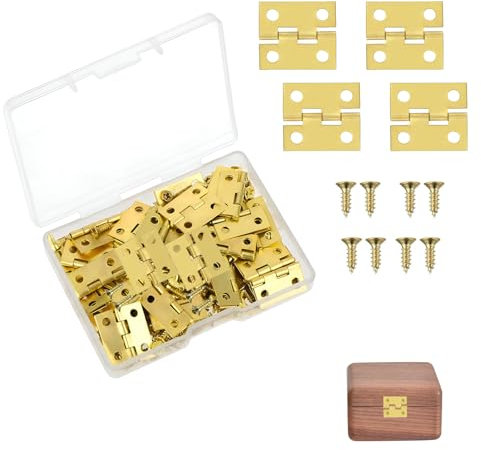Eophmi Retro Gold-Plated Iron Small Hinges for Wood, 50PCS with 200 Screws, 1.8x1.6cm, Hole Style, Gold Finish