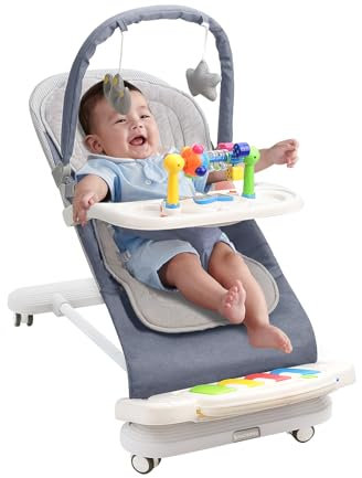 Babywippe mit Abnehmbarer Spielbogen, Baby Bouncer mit Klavierspielzeuge, Fütterungstablett, Verdicktem Kissen und Rädern, 4-Stufig Verstellbare Wippe Baby für Neugeborene 0-18 Monate (Blau)