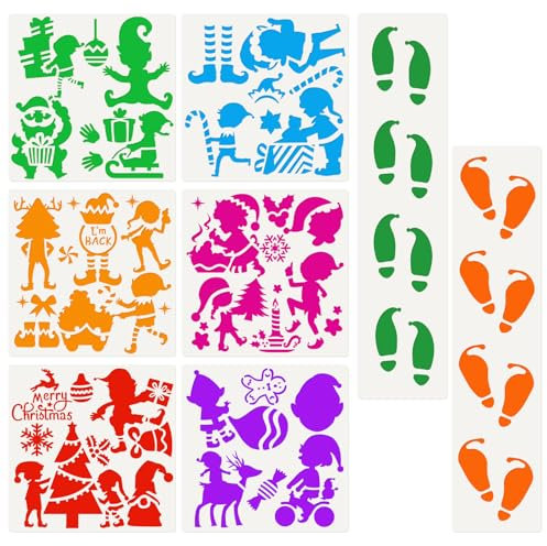 DPKOW Fußabdrücke Wichtel Schablone Malen Basteln, Wichtel Zubehör Wichteltür Fenster Schablone Wichtelspuren Weihnachtswichtel Elf Schablone Zeichnen Scrapbooking auf Böden/Holz/Wand/Papier/Textil