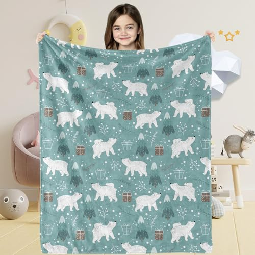 Blaugrüne Eisbär-Überwurfdecke für Babys, Mädchen, niedlich, weich, Eisbär, Plüsch-Flanelldecke für Kleinkinder, Cartoon-Weihnachtsbär-Thema, gemütlich, flauschige Decke für Jungen, Kinder,