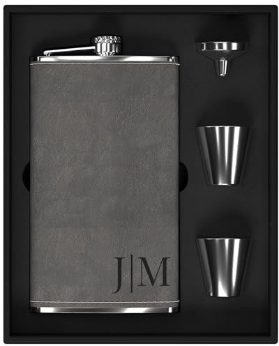 Flachmann Gravur mit Initialen nach Maß, Flachmann Edelstahl Groß 12oz/355ml Personalisiert, Personalisierte Geburtstagsgeschenke für Männer Ihn Papa Camper Wanderer (Grau)