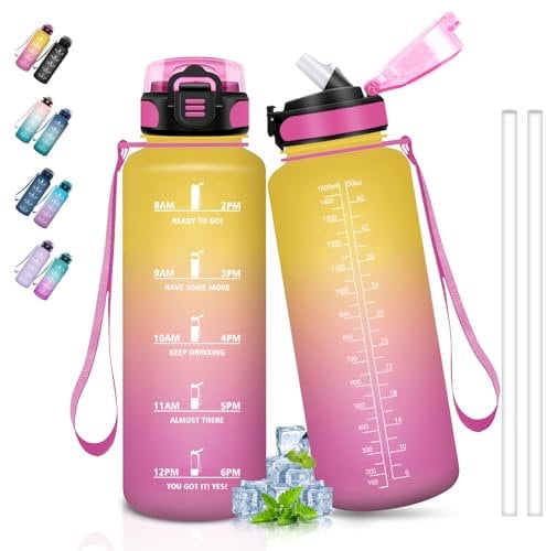 Botella de Agua Deportiva 1.5 Litros Con Pajita, Reutilizable, Marca de Tiempo - Para Gimnasio, Yoga, Correr, Ciclismo, Senderismo