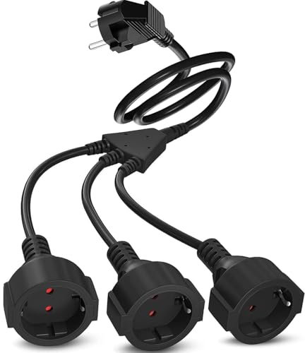 Presa tripla doppia presa per presa di corrente, prolunga 3 prese, 2 m, presa Schuko multipla, doppia presa con cavo flessibile, 250 V, 16 A, 1,5 mm², colore nero