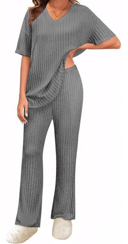 UMIPUBO Zweiteiler Damen Loungewear Set Homewear Sommer 2 Pieces Outfits Elegant Hosenanzug Oberteil mit V-Ausschnitt und Weites Bein Hosen Lounge Sleepwear Freizeit Sets (Grau, XXL)